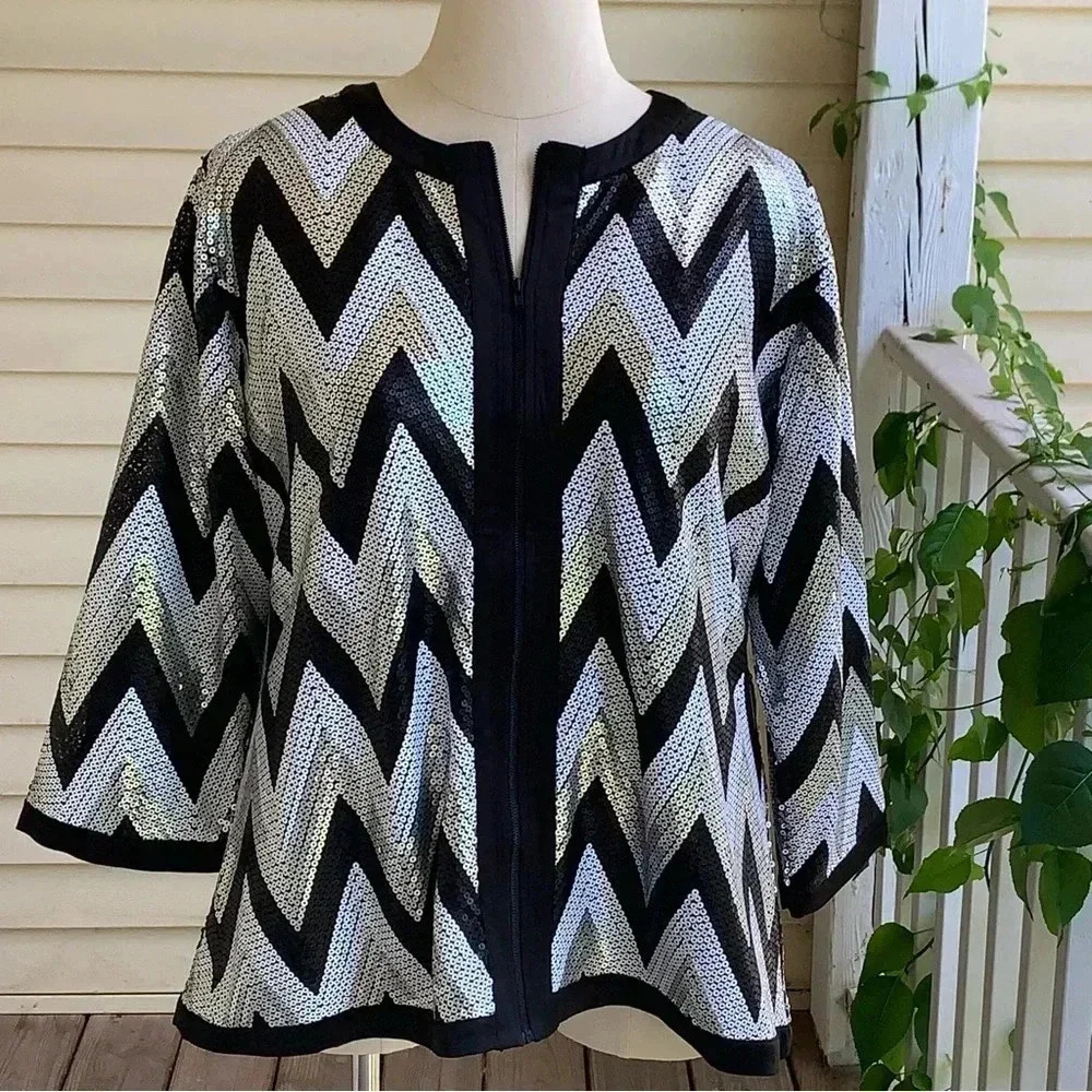 Michael Simon Chevron Sequin Evening Jacket Blazer Plus Sz 1X Gold Silver Zip